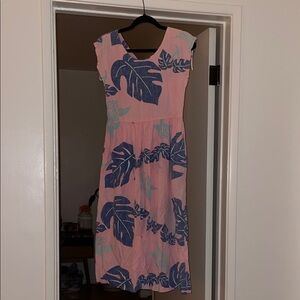 Reyn Spooner Pink and Blue Leaf Midi Dress